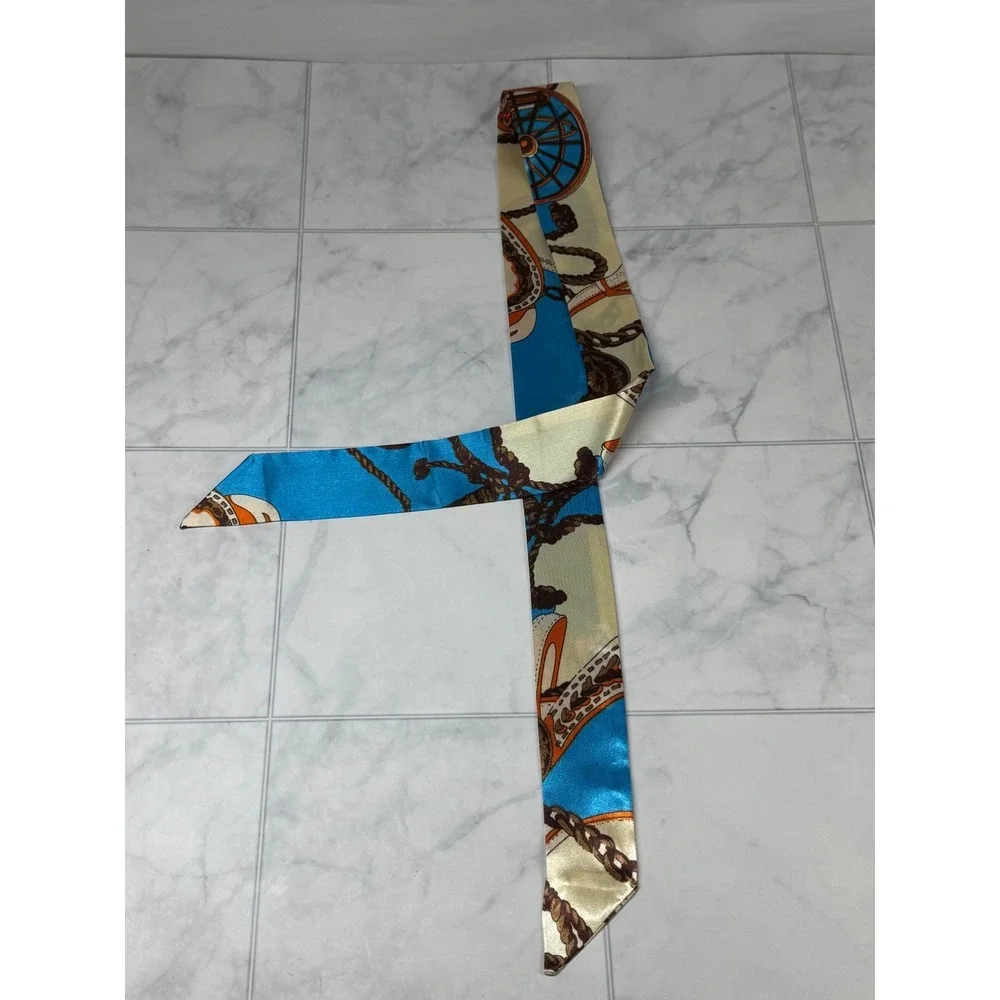 Blue Equestrian Print Skinny Scarf Handbag Wrap Headband Silk Style Tie